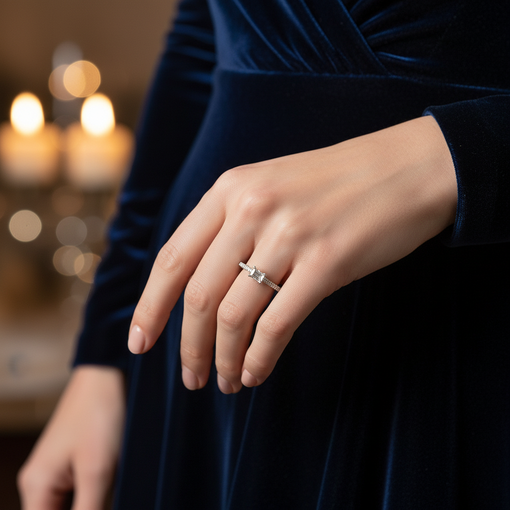 Anillo Solitario en Oro Blanco 14K con Diamante Corte Esmeralda y Diamantes Laterales DJ3513